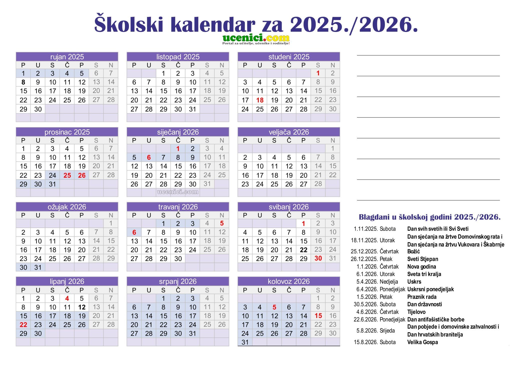 Skolski kalendar 2025 2026